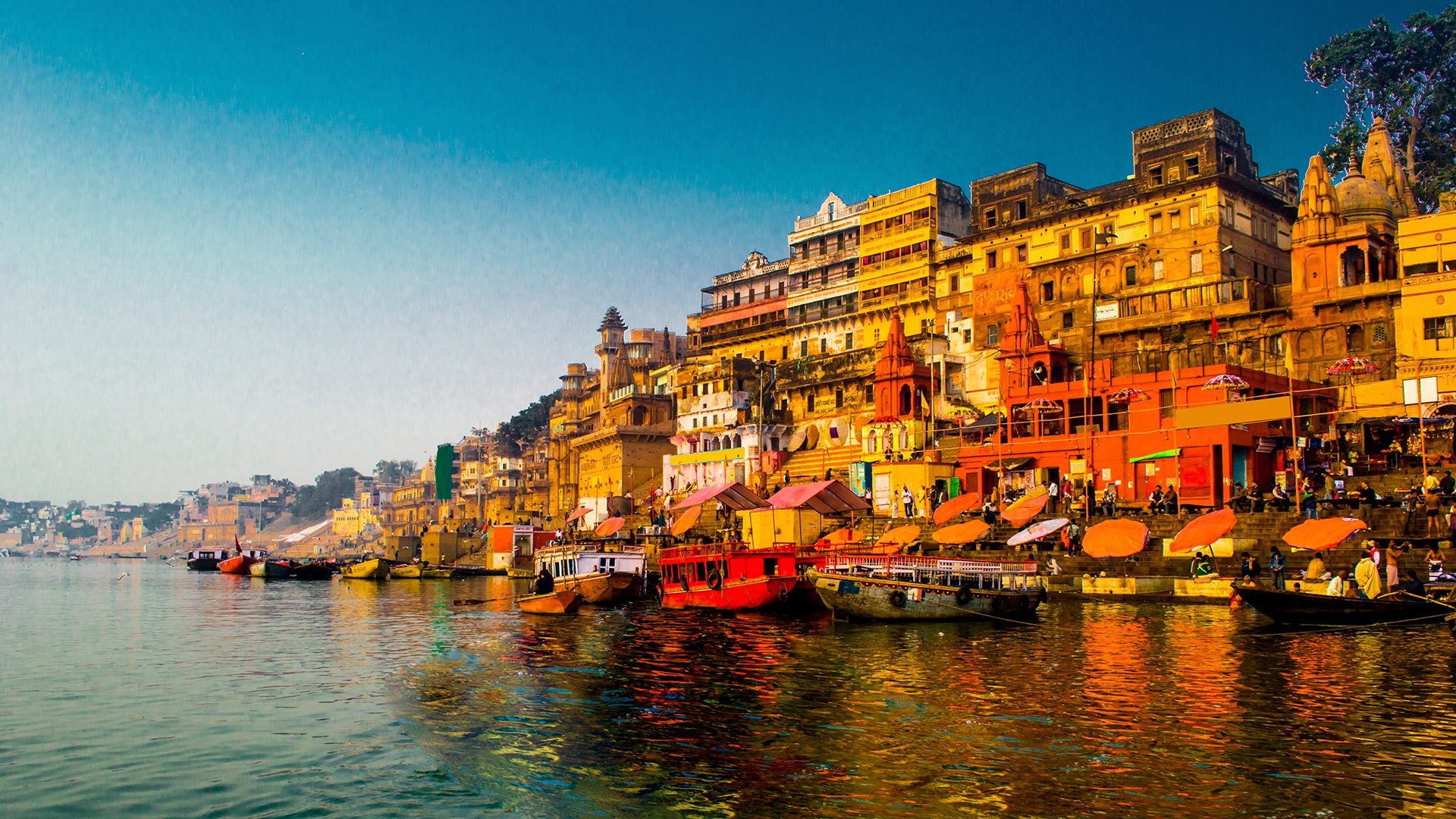 Peaceful Varanasi ghat view at sunrise